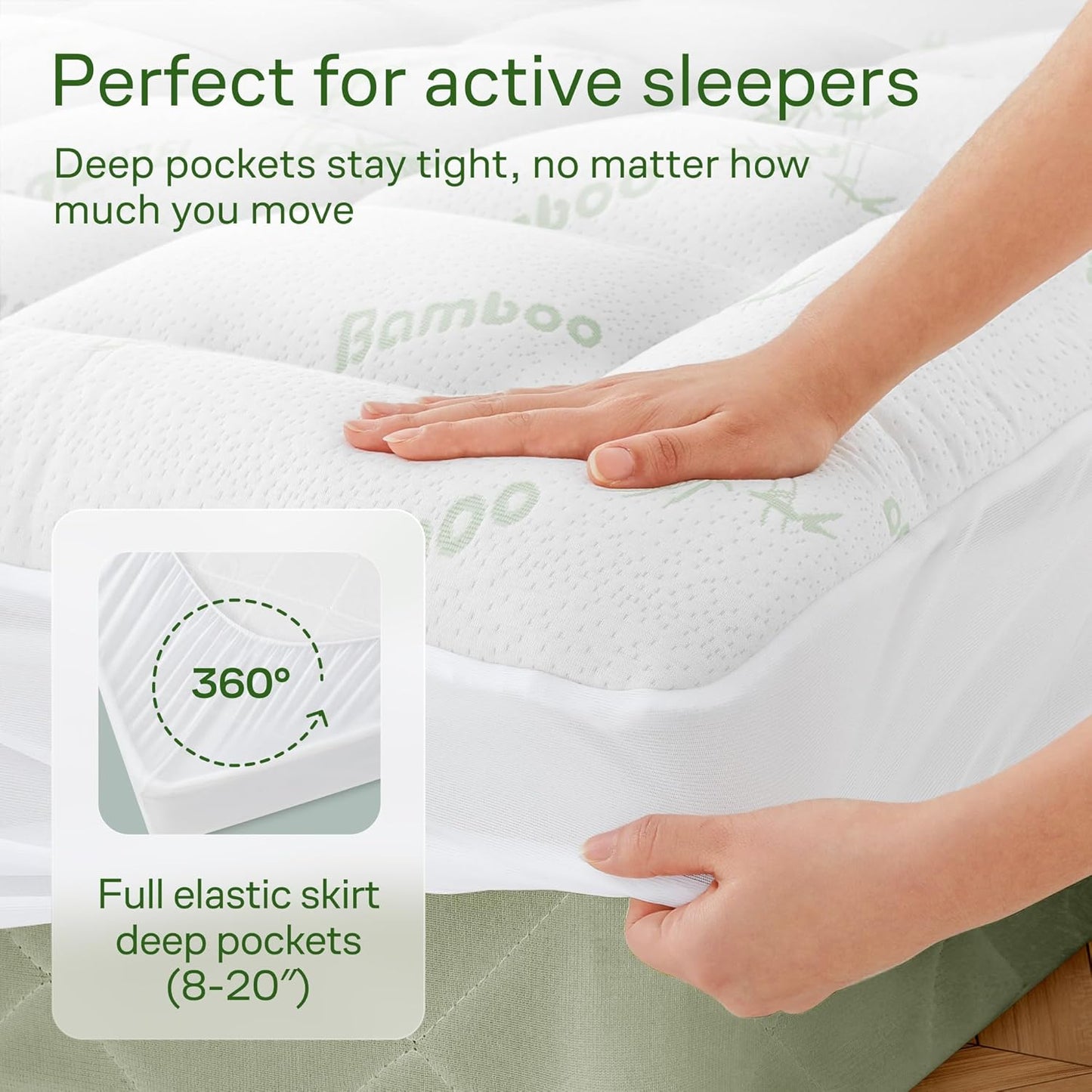 Skiennix Ultra Soft Queen Size Mattress Topper - Bamboo Viscose Pillow Top for Full Body Support - Naturally Cooling, Green