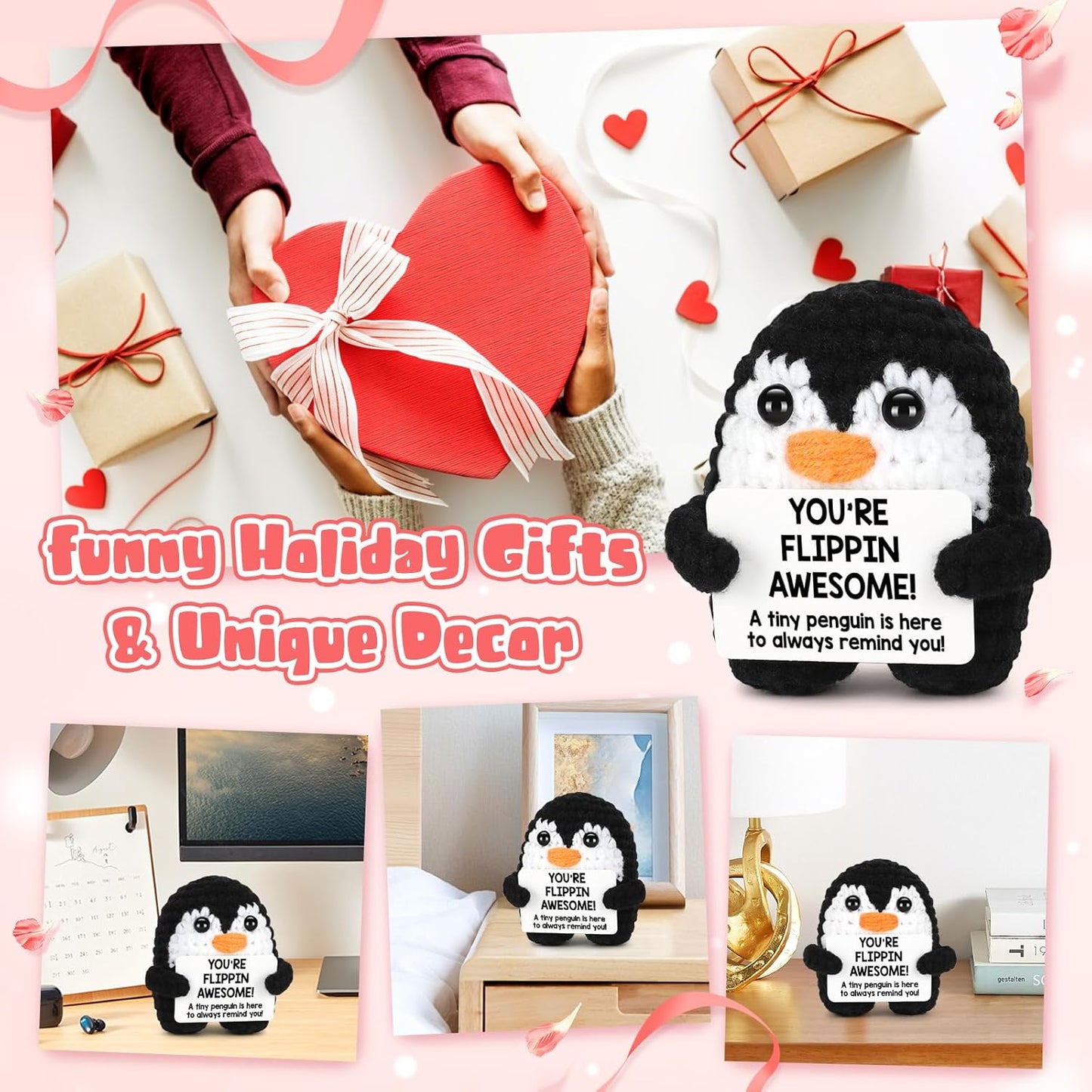 Positive Crochet Penguin, Mini Funny Brithday Galentines Valentines Gifts for Women Men Teens Boys Girls, Inspirational Appreciation Gifts for Coworker Friend Sister Her Him, Emotional Positive Decor