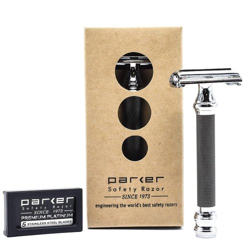 Parker 76R Heavyweight Butterfly Safety Razor - Gunmetal Finish & Long Knurled Handle for Precision Shaving