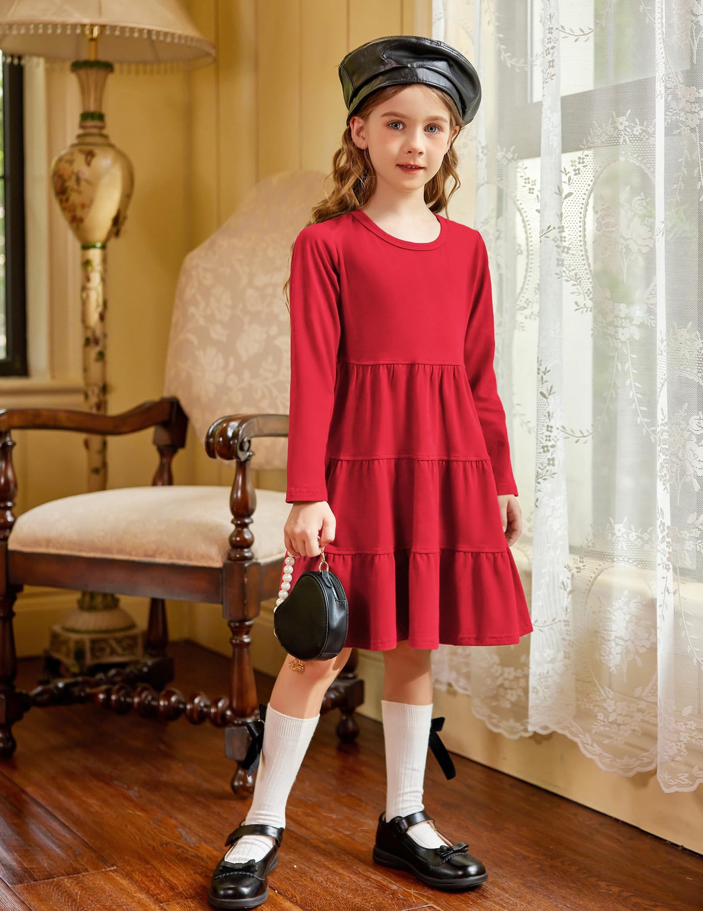 Arshiner Girls Long Sleeve Dress Fall Cotton Crewneck Tiered Ruffle Swing Solid Casual Midi Dresses Red 6 Years