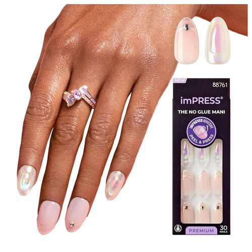 KISS imPRESS Press-On Manicure - All My Love Pink Aurora Nails, Medium Almond Shape, Easy Application | 30 Count