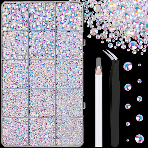 16000Pcs Resin Jelly Rhinestones with Tweezers for Crafting, White AB 2-6mm Mixed Sizes Flatback Gems, Bedazzling Crystal for DIY Crafts Clothing Tumblers Mugs Shoes Fabric Nail Art