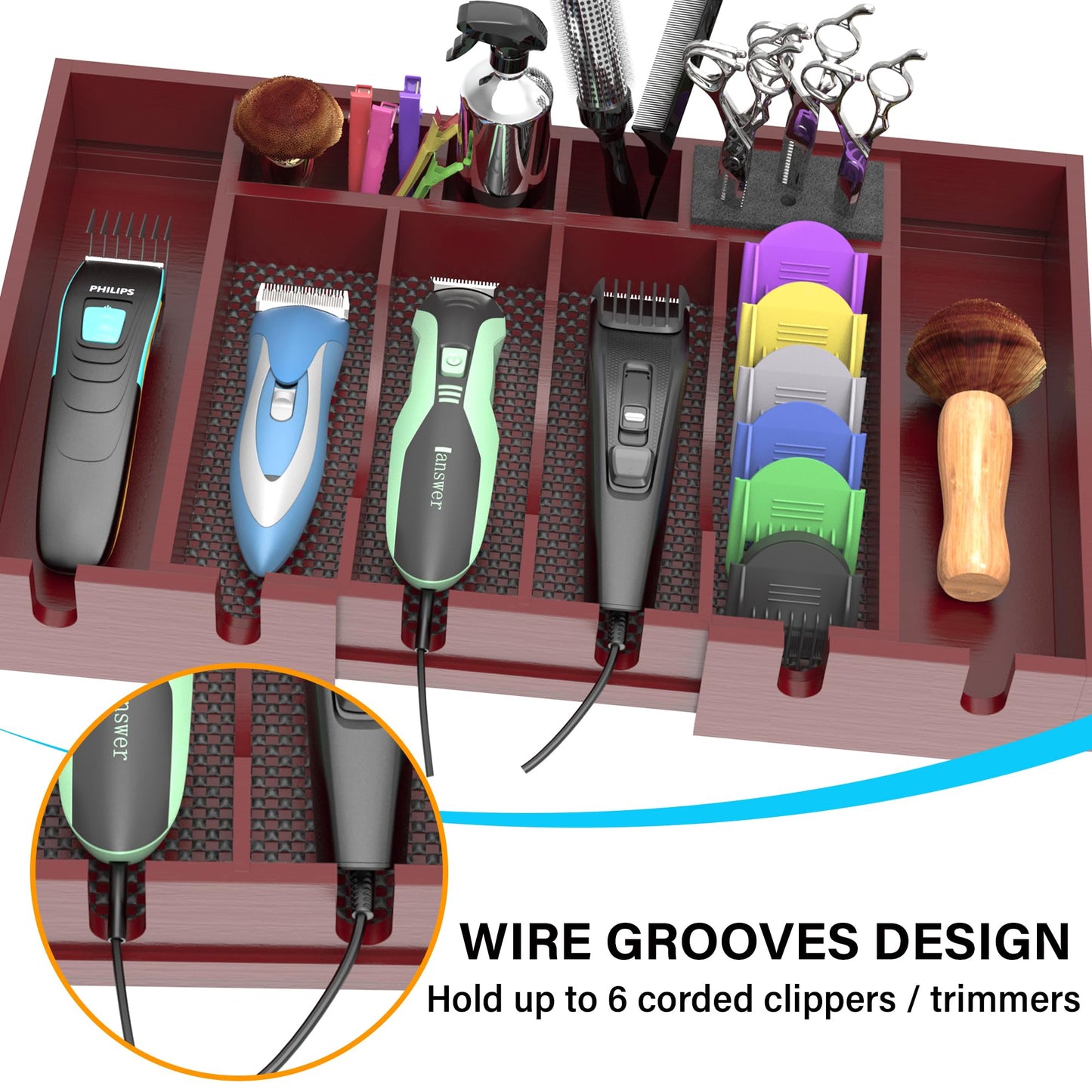 Invech Wooden Barber Clipper Tray with 6 Notches, Anti-slip Barber Station Organizer, Push-pull Hair Clipper Holder and Shaver Storage Box