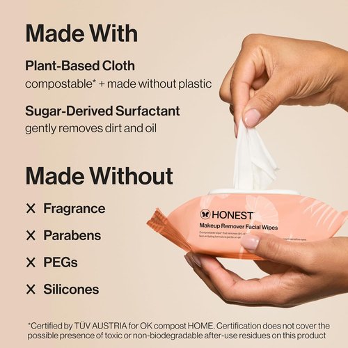 Honest Beauty Cleansing Makeup Remover Wipes - Fragrance-Free, Hypoallergenic, Gentle for Sensitive Skin | 30 Count
