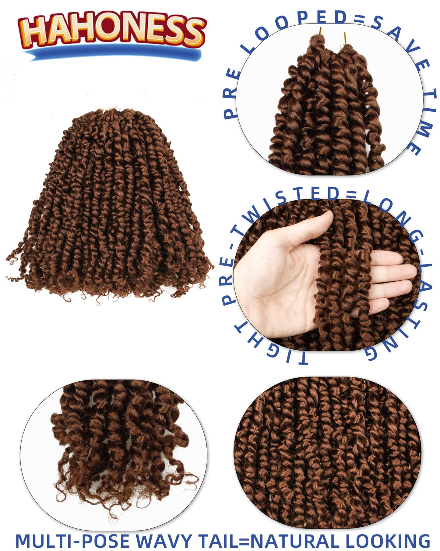 10 Inches 8 Packs Pre Looped Pretwisted Passion Twist Crochet Hair for Black Women and Kids-Natural Brown,Soft Hair Extensions Braided by Synthetic Spring Kinky Twist Bohemian Curls(10"-8 Packs,30#)