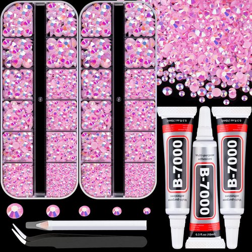 Resin Rhinestones for Crafting with 3Pcs 10ml B7000 Jewelry Glue, 2 Boxes Light Pink AB Flatback Gems Crystals Diamond for Bedazzling Crafts DIY Nail Art Makeup,Gems for Clothing Tumblers Shoes