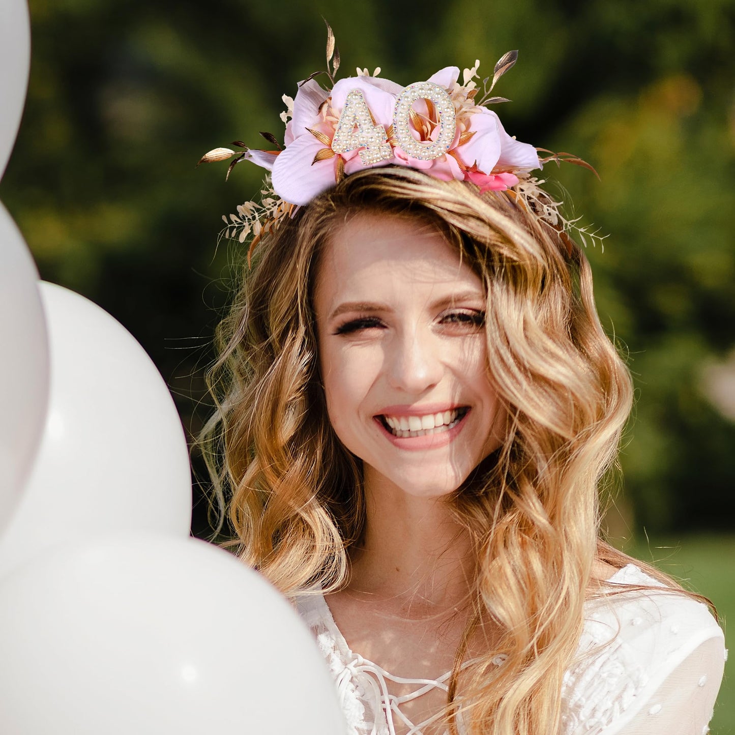 PartyforU Handmade Floral Crown - Pink Headband with Flowers and Pearls, Elegant 40th Birthday Accessory for Women