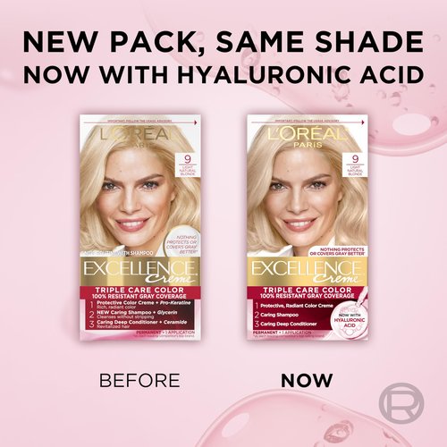 L'Oreal Paris Excellence Crème Permanent Hair Dye, Triple Care Hair Color with Hyaluronic Acid for 100% Gray Coverage, 9 Light Natural Blonde, 1 Kit (Packaging May Vary)