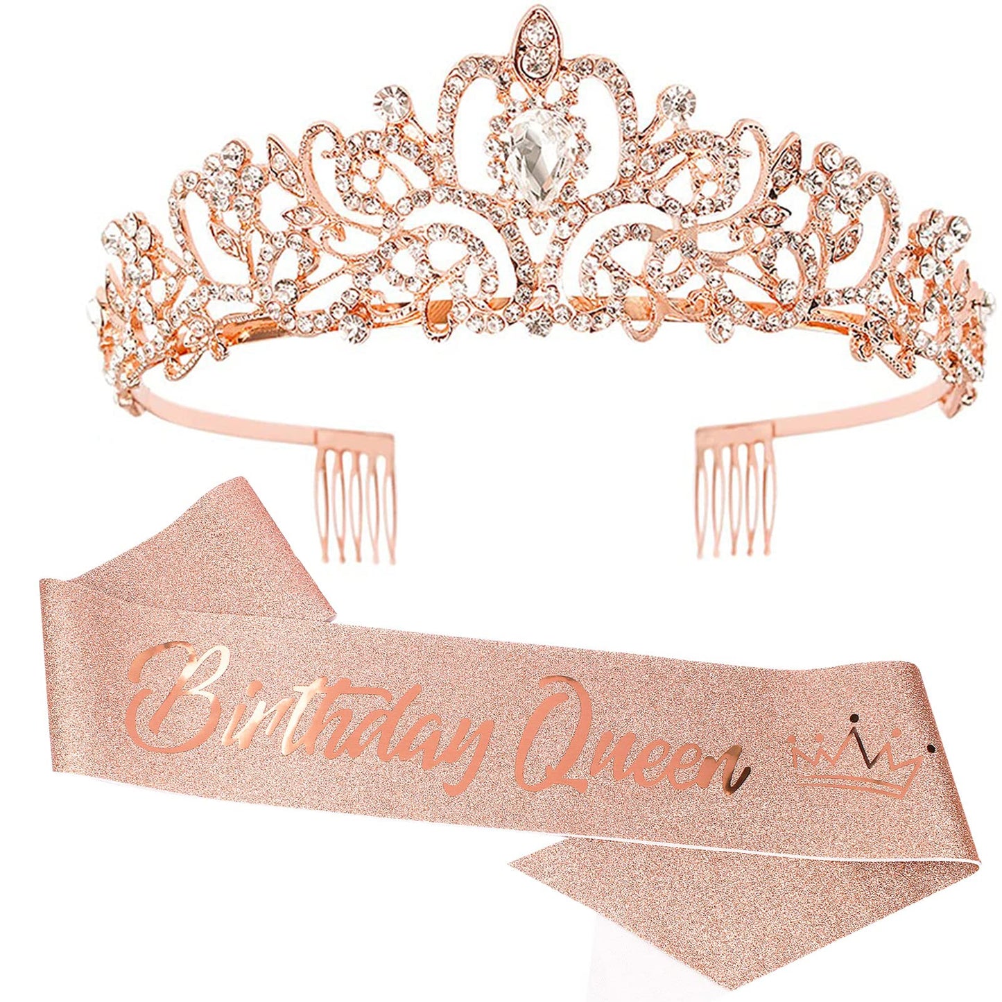 COCIDE "Birthday Queen" Sash and Crystal Tiara Set Tiara and Crowns for Women Birthday Gift for Girl Kit Decorations Set Rhinestone Hair Accessories Glitter Stain Silk Sash for Party