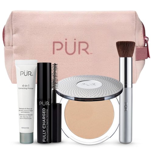 PÜR Minerals Makeup Gift Set - 4-in-1 Primer, Mascara, Mineral Powder & Chisel Brush Included