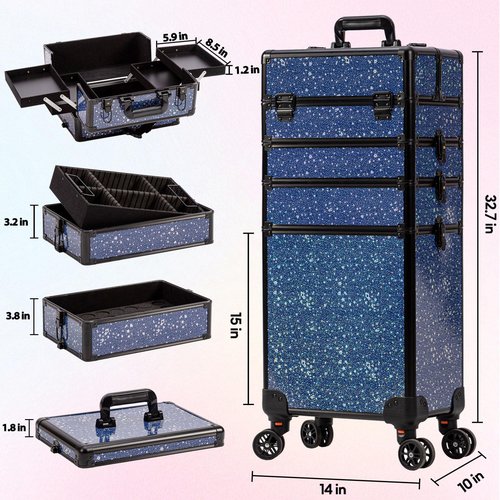AROUS Rolling Makeup Train Case Large Storage Cosmetic Trolley 5 in 1 Large Capacity Trolley Makeup Travel Case with Key Swivel Wheels Salon Barber Case Traveling Cart Trunk, Black (Blue)