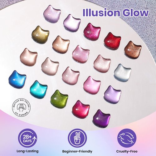 Beetles 96 Pcs Cat Eye Gel Nail Polish Set -20 Color Gel Nail Kit with U V Light and 9 Pcs Magnet Set Illusion Glow Nails Art Tools Manicure Kit Diverse Cateye Effect DIY Gifts for Women Teen Girls