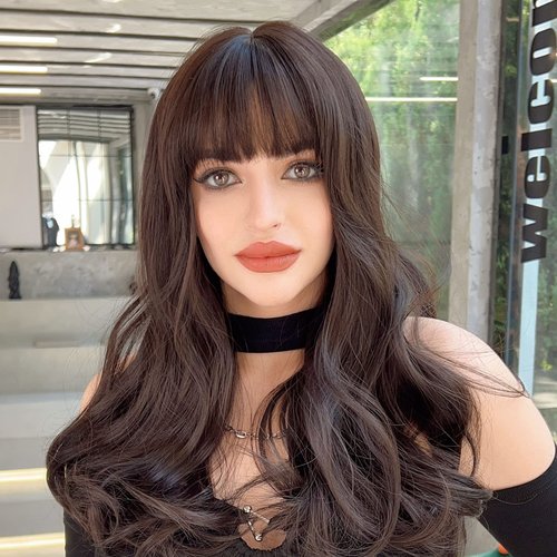 JIAHE Brown Wig with Bangs - Dark Brown Wig Long Brown Wigs for Women Brunette Wig Brown Wavy Hair Wig for Daily Party (Brown 23 Inches)