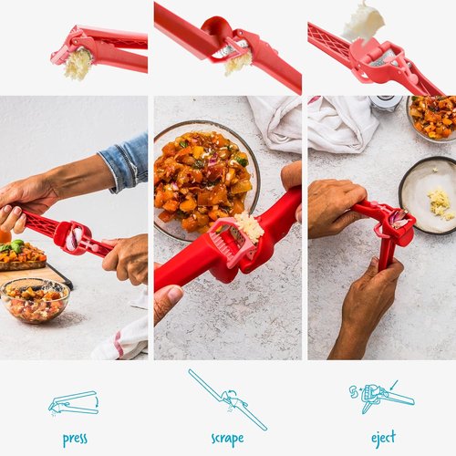 Dreamfarm Garject Lite Garlic Peeler & Press - 2-In-1 Mincer with Ejector, Red Nylon