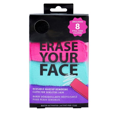 ERASE YOUR FACE Makeup Remover Cloths - Reusable Microfiber Towels for Effortless Makeup Removal - Dual-Sided, Water Activated, 8 Count
