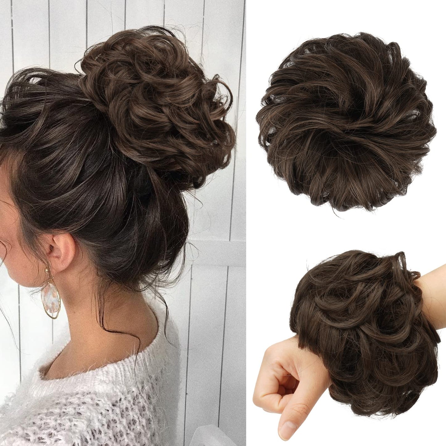 FESHFEN Messy Bun Hair Piece Wavy Curly Large Hair Bun Scrunchies Extensions Synthetic Dark Brown Mixed Light Auburn Tousled Updo Hairpieces for Women Girls