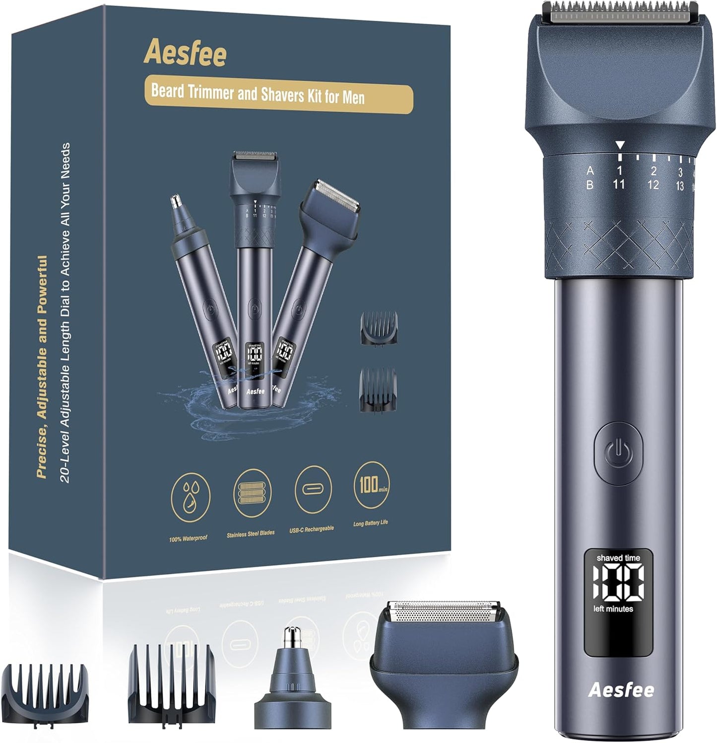Skiennix Beard Trimmer Set - 3-in-1 Professional Clippers with Foil Shaver & Nose Trimmer | IPX7 Waterproof, USB-C Rechargeable