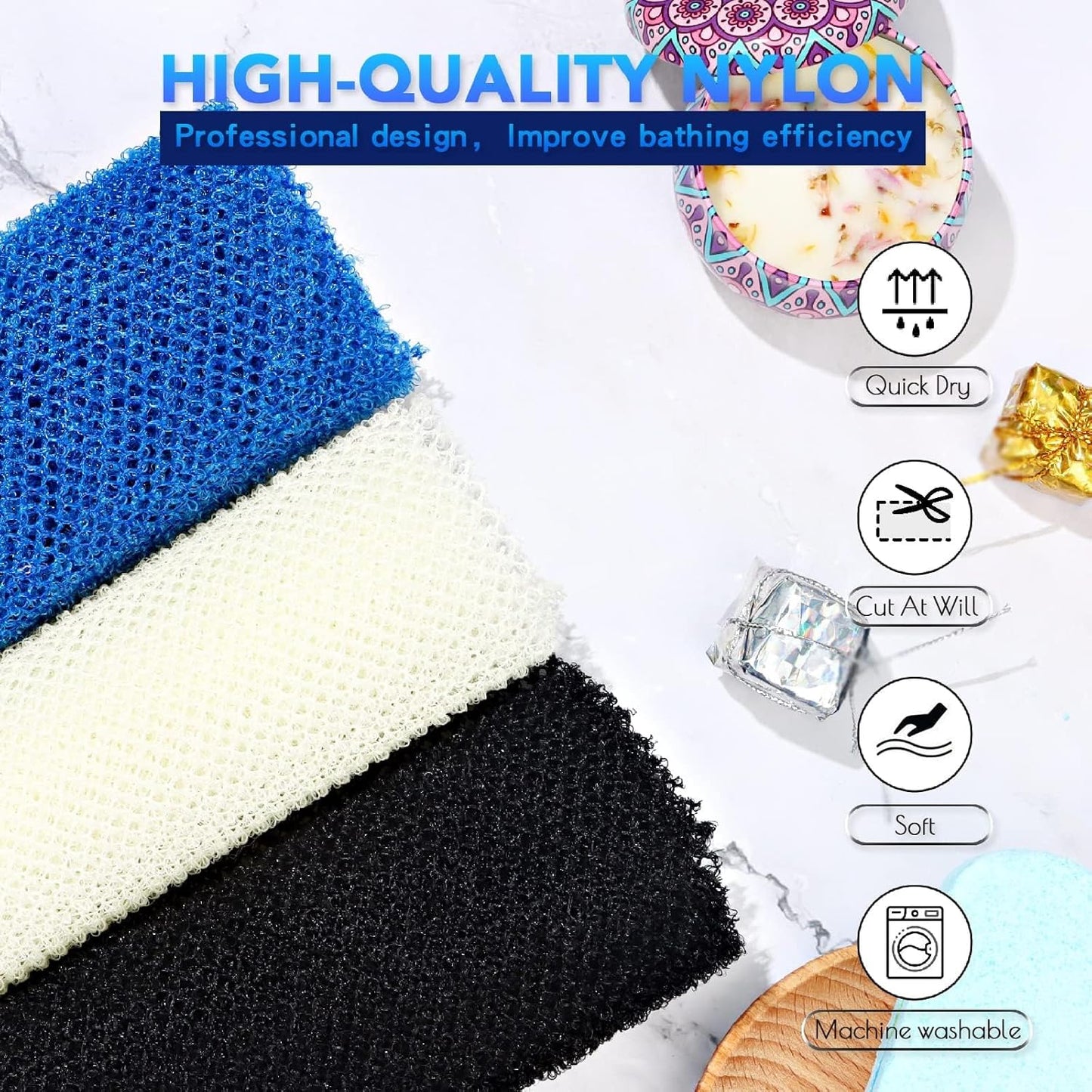 UJFQBH African Bath Sponge Set - Exfoliating Shower Body Scrubber | 3 Pieces in Blue, Black, Off-White