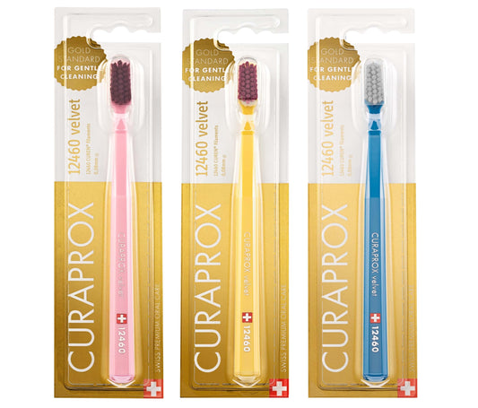 Curaprox CS12460 Velvet Ultra Soft Swiss Toothbrushes - 3-Pack - Random Color - Best Toothbrush with Soft Bristles for Adult Men and Women with Sensitive Teeth and Gums