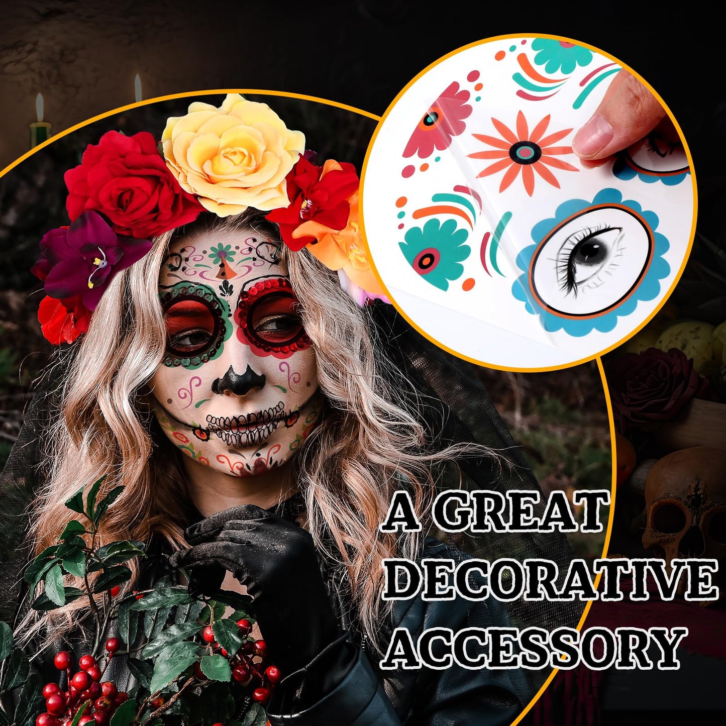 Maitys Day of Dead Headpiece Rose Floral Crown Veil and 8 Sheets Halloween Floral Skull Temporary Face Tattoo Stickers for Women Parties(Vivid)