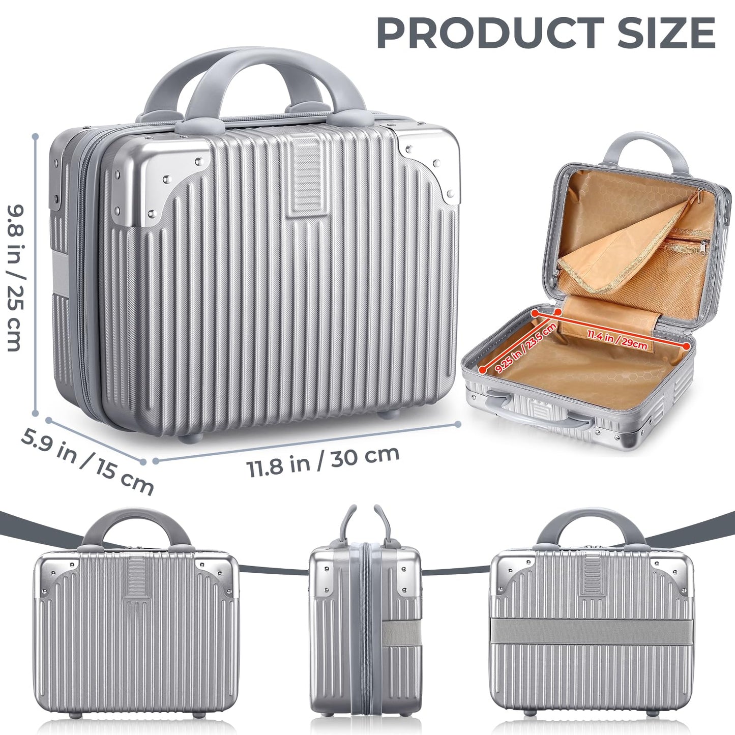 Noverlife 12 Inch Hard Shell Cosmetic Case, Small Hard Case Makeup Travel Case with Elastic Band ABS Carrying Suitcase, Mini Carrying Makeup Suitcase Small Travel Hand Luggage Organizer - Silver