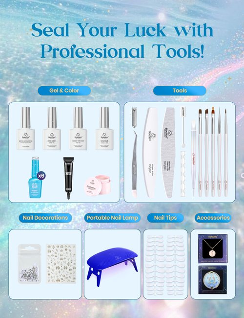 Beetles Moonlit Sanctuary Lucky Box, Cancer Zodiac Gel Nail Polish Kit Blue White Pearl Sliver Glitter Colors, All-in-One Nail Art Set with Tools, Necklace Badge, Salon DIY Zodiac Gift for Women