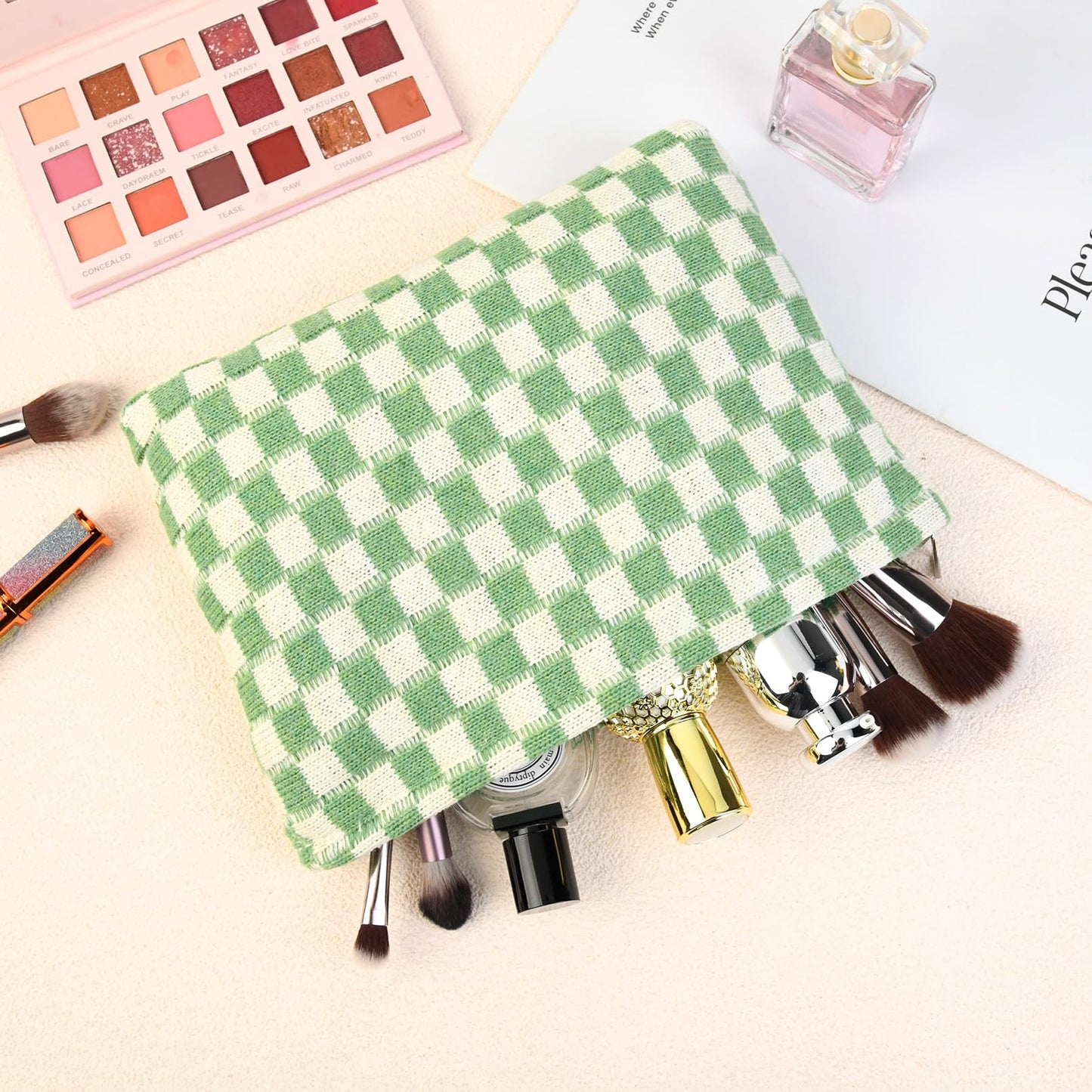 SOIDRAM 2 Pcs Checkered Makeup Bag Large Cosmetic Bag Toiletry Bag Makeup Pouch Travel Bag Organizer Cute Makeup Brushes Aesthetic Accessories Storage Bag for Women Green