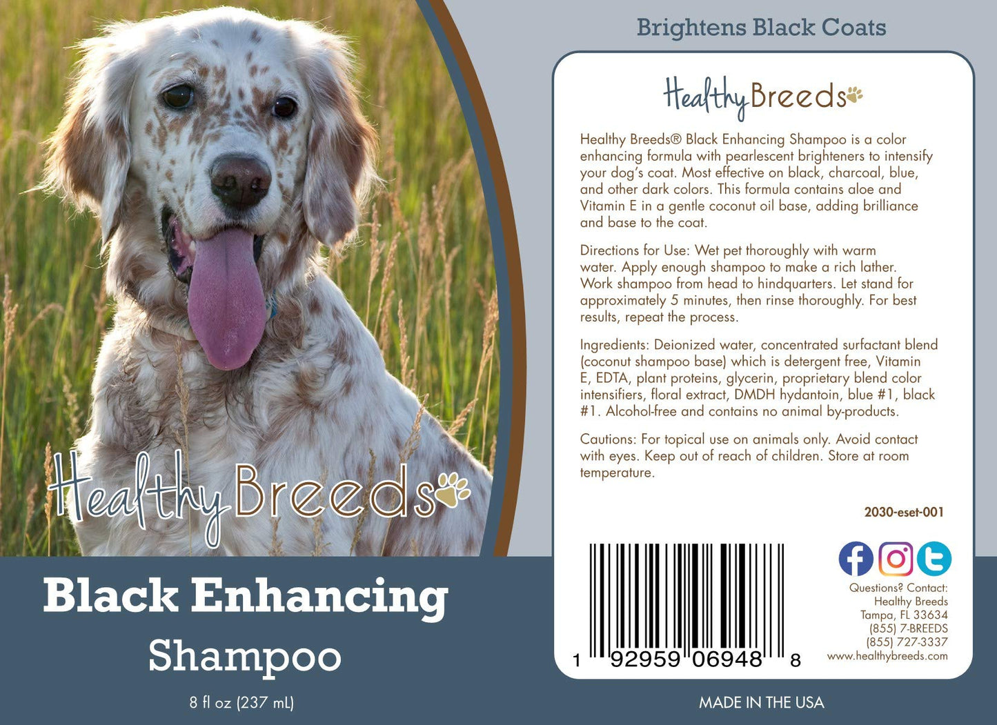 Healthy Breeds English Setter Black Enhancing Shampoo - Gentle Cleanser with Vitamin E, Aloe & Coconut Oil That Adds Brilliance, Shine & Intensity to Darker Coats - Floral Scent - 8 oz