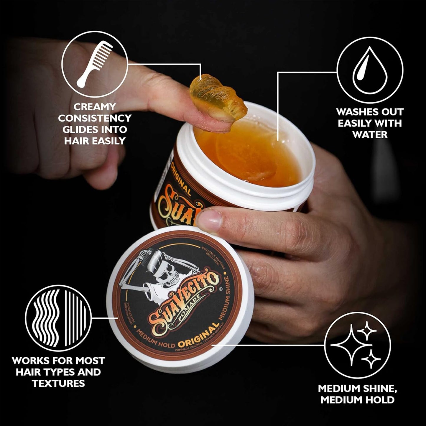 Suavecito Pomade Original Hold - Medium Shine Water-Based Hair Gel, 2.3 oz | Flake-Free & Easy Wash Out
