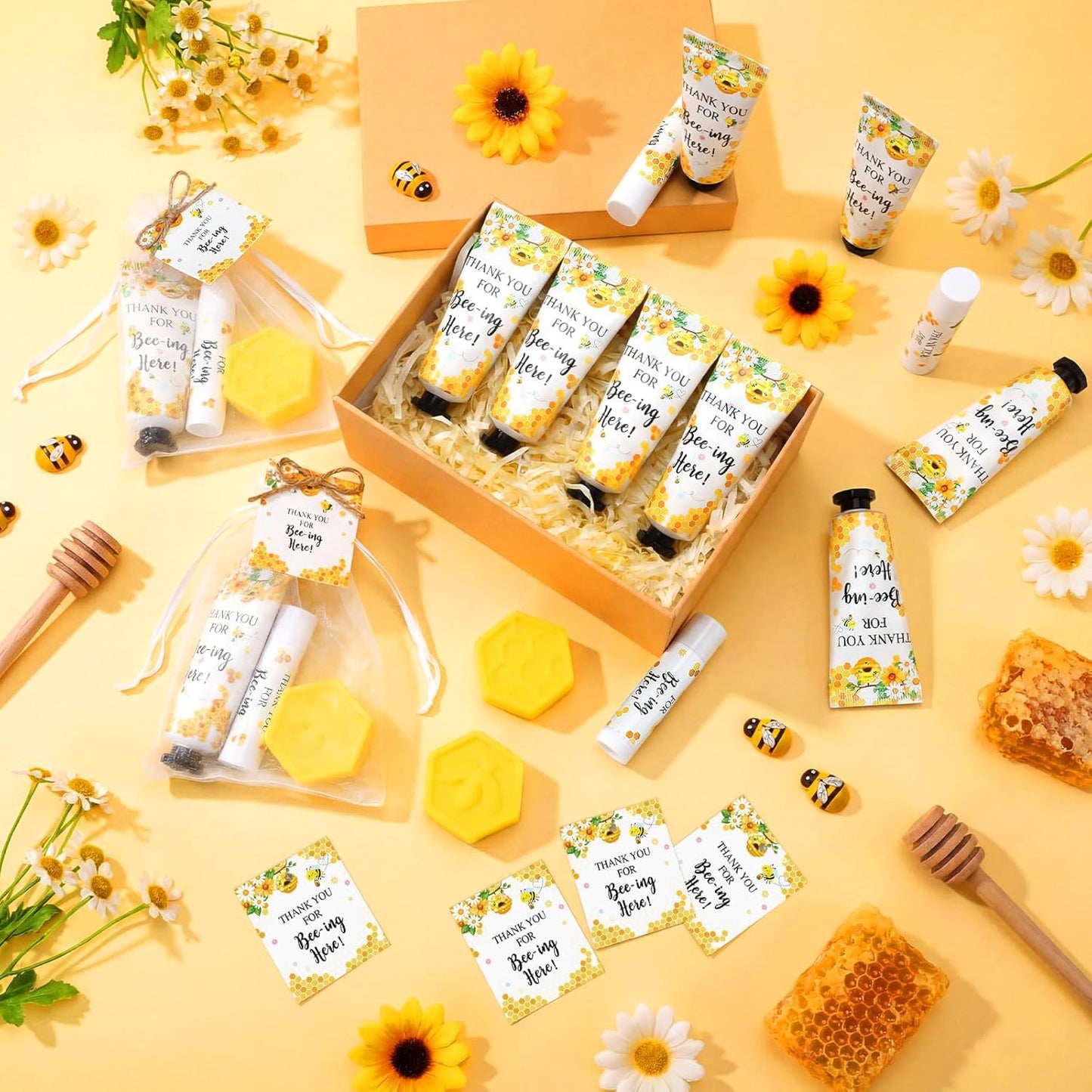Skiennix Bee Themed Baby Shower Favors - 75 Pcs Lip Balms, Hand Cream & Honeycomb Soap | Perfect Gender Reveal Gift
