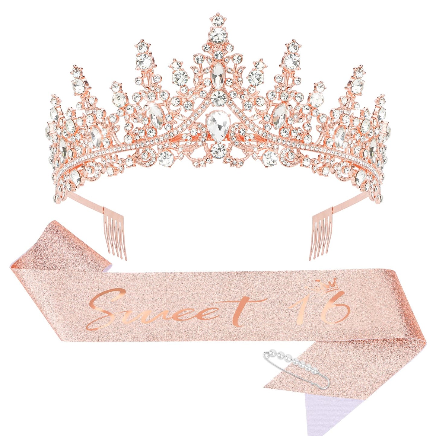 CIEHER Sweet 16 Sash, Rose Gold Crown, Pearl Pin Set - Birthday Party Decorations, Tiara, Gift for Girls