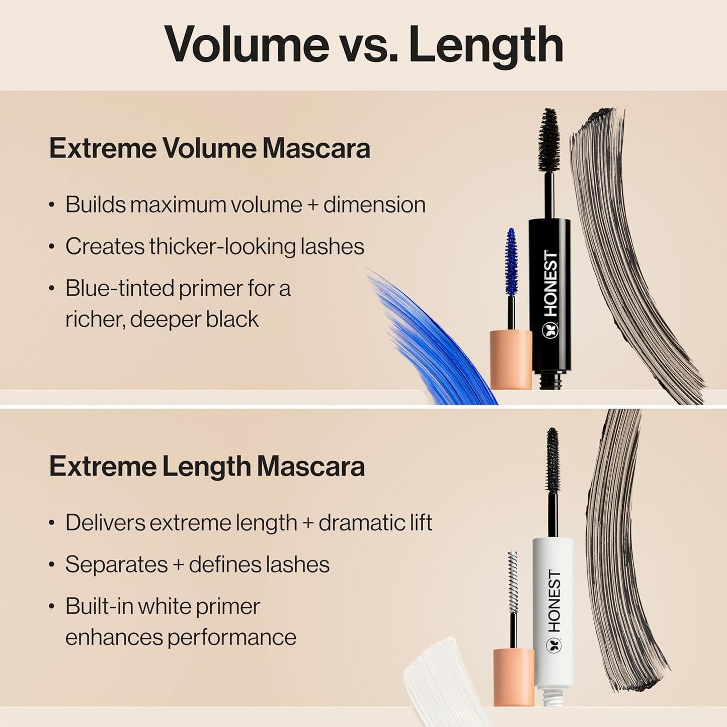 Honest Beauty 2-in-1 Extreme Volume Mascara - Bold Lash Primer with Castor Oil, Vegan, Black, 0.27 fl oz