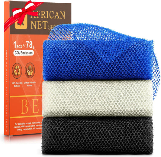 UJFQBH African Bath Sponge Set - Exfoliating Shower Body Scrubber | 3 Pieces in Blue, Black, Off-White