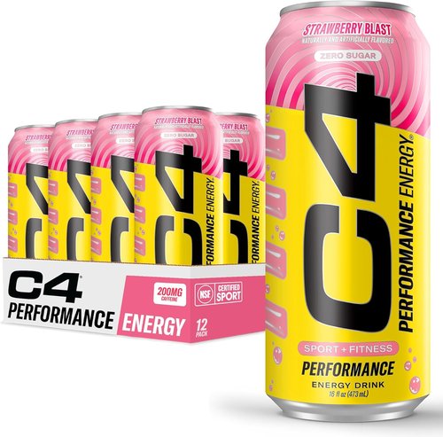 Cellucor C4 Performance Energy Drink - Strawberry Blast | Zero Sugar Pre-Workout | 200mg Caffeine | 16 Fl Oz (12 Pack)