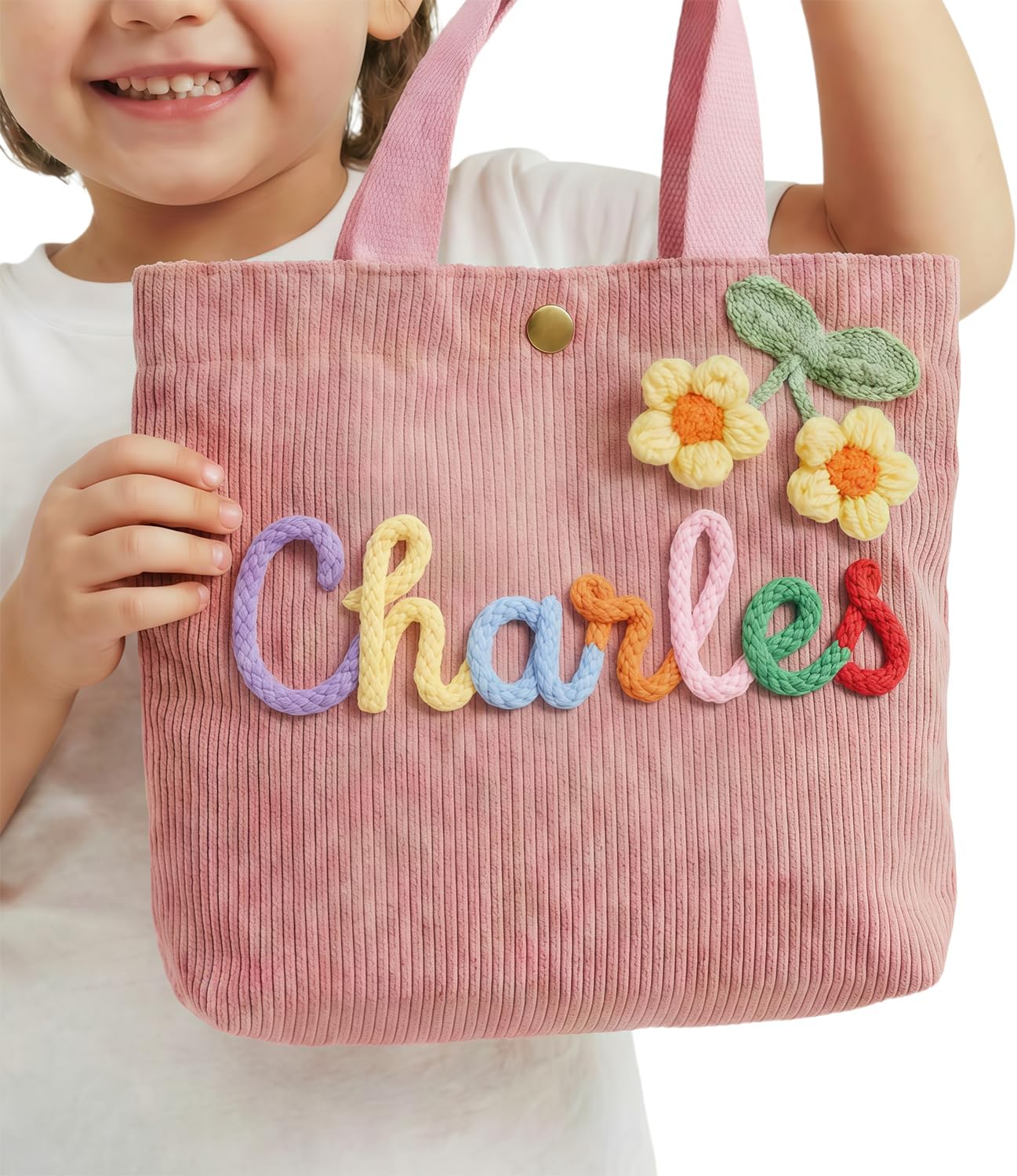 Skiennix Personalized Corduroy Tote Bag - Custom Name & 3D Crochet Flower Design | Perfect Birthday Gift for Girls