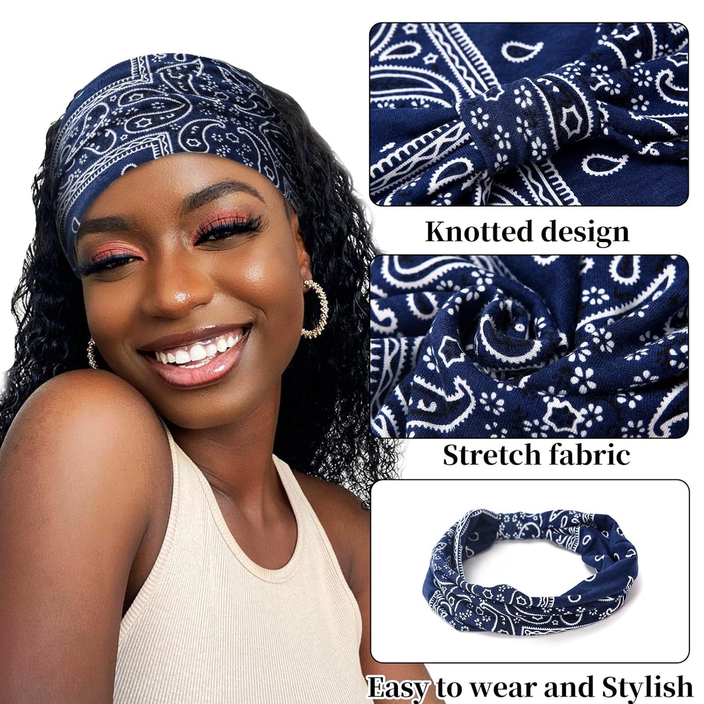 Yeshan Women's Wide Boho Knotted Non-Slip Turban Headwraps - Stretchy Bandeau Hair Bands for Sports, Yoga, Workouts, Pack of 8