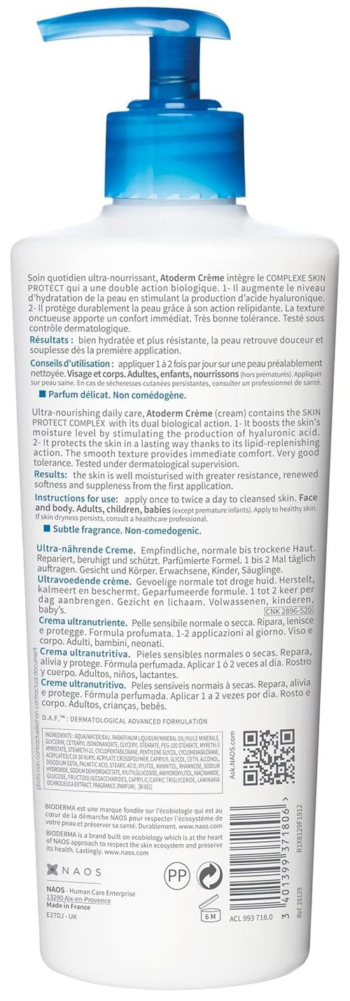 Bioderma Atoderm Cream - Hydrating Body Lotion for Normal to Dry Sensitive Skin - 500ml
