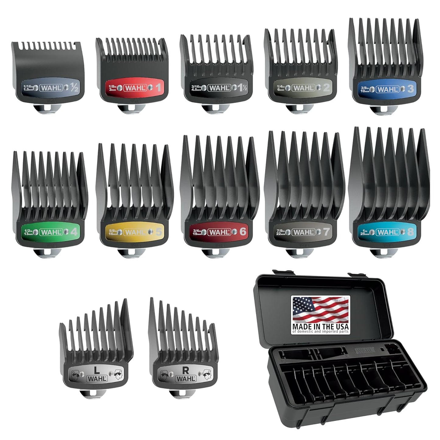 Wahl Genuine SECURE-SNAP® Guide Comb Set - 12 Full Size Attachment Guards with Color Clips & Caddy