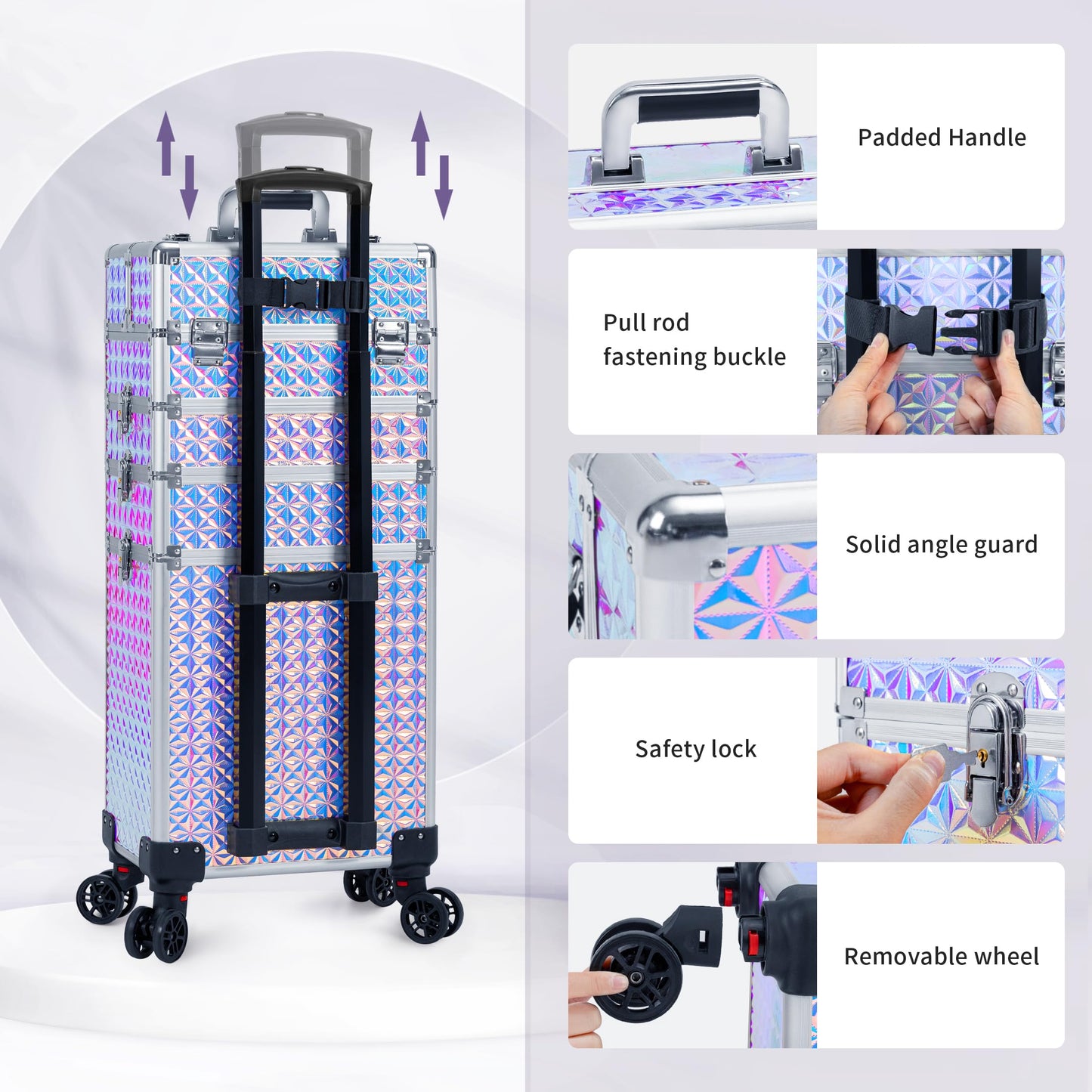 JINGUAN Rolling Makeup Train Case Large Storage Cosmetic Trolley 5 in 1 Large Capacity Trolley Makeup Travel Case with Key Swivel Wheels Salon Barber Case Traveling Cart Trunk, Silver