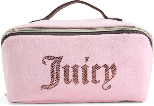 Juicy Couture Makeup Bag - Pink & Brown Velour Organizer with Rhinestone Handle | Travel Essentials