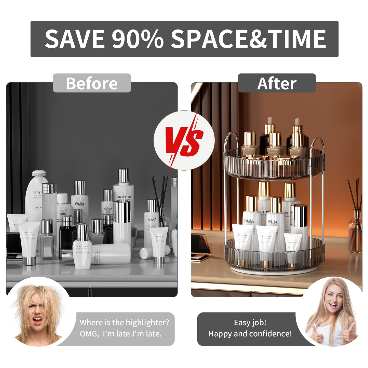 YCIA&DONE 360 Rotating Makeup Organizer and Storage for Vanity Countertop 2 Tiers, High Capacity Cosmetic Skincare Perfume Organizers for Dresser Bathroom Lazy Susan (Smoky Gray)