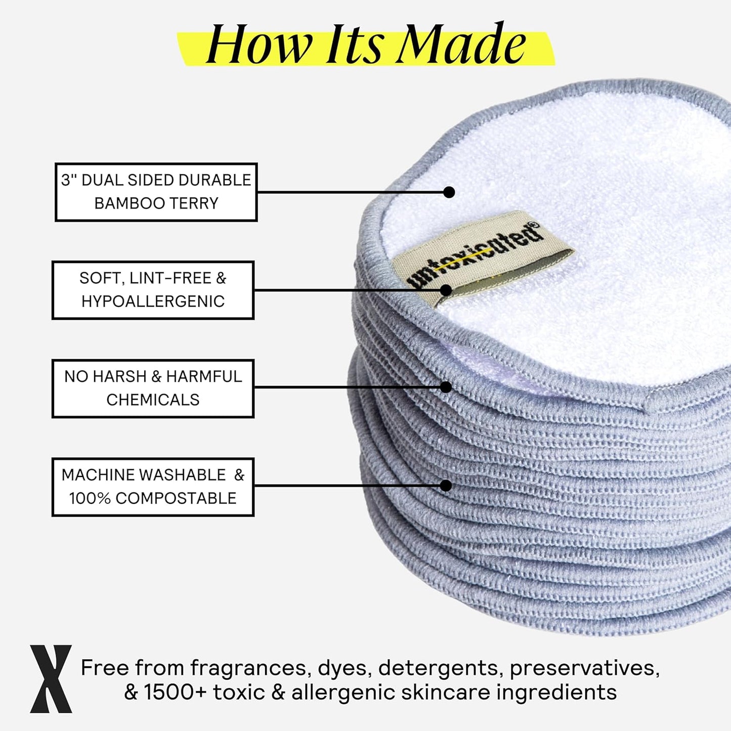 Untoxicated Ultra Soft Cleansing Pads - Double-Layered Reusable Bamboo Terry Rounds for Sensitive Skin - 10CT with Washable Storage Bag