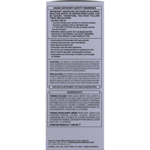 L’Oreal Paris Feria Long-Lasting Anti Brass Power Hair Toner, Ammonia Free Demi Permanent Hair Color, Ice Blonde Hair Toner, 1 Application