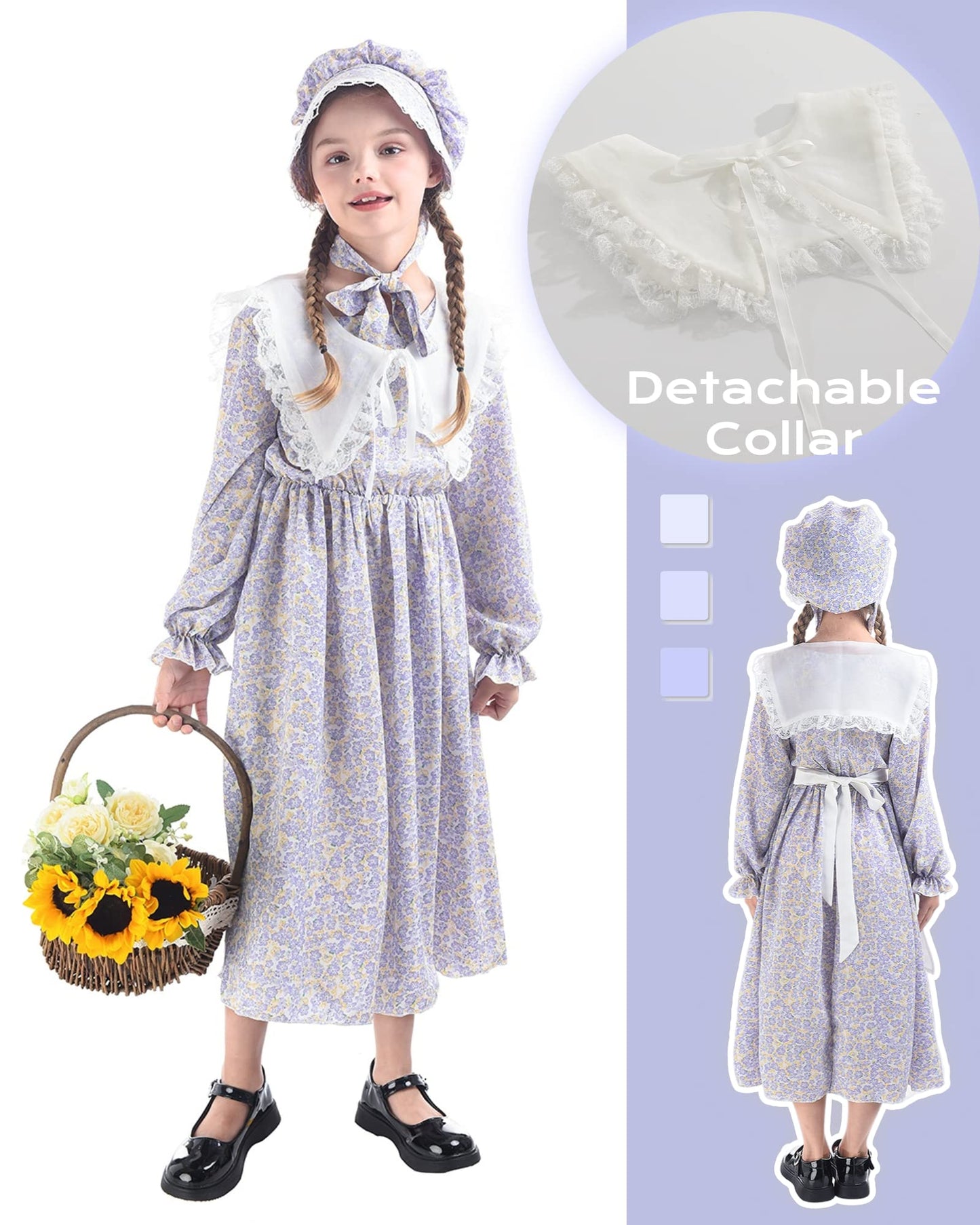 NSPSTT Colonial Costume Girls Prairie Dress Long Sleeve Pioneer Dresses for Girls Pioneer Bonnets Girl, Blue, XXL age over 4 years old