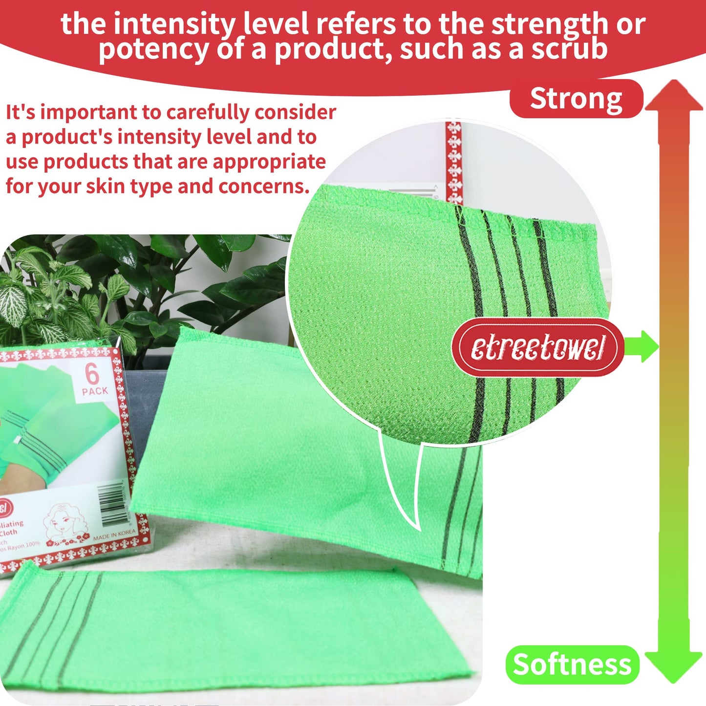 etreetowel Extra Large Size 9.9" x 5.5" (6 PCs) Korean Asian Exfoliating Bath Washcloths Mitt Scrub for Body washcloth Glove Viscose Rayon Towel for Soft Skin Korea Made