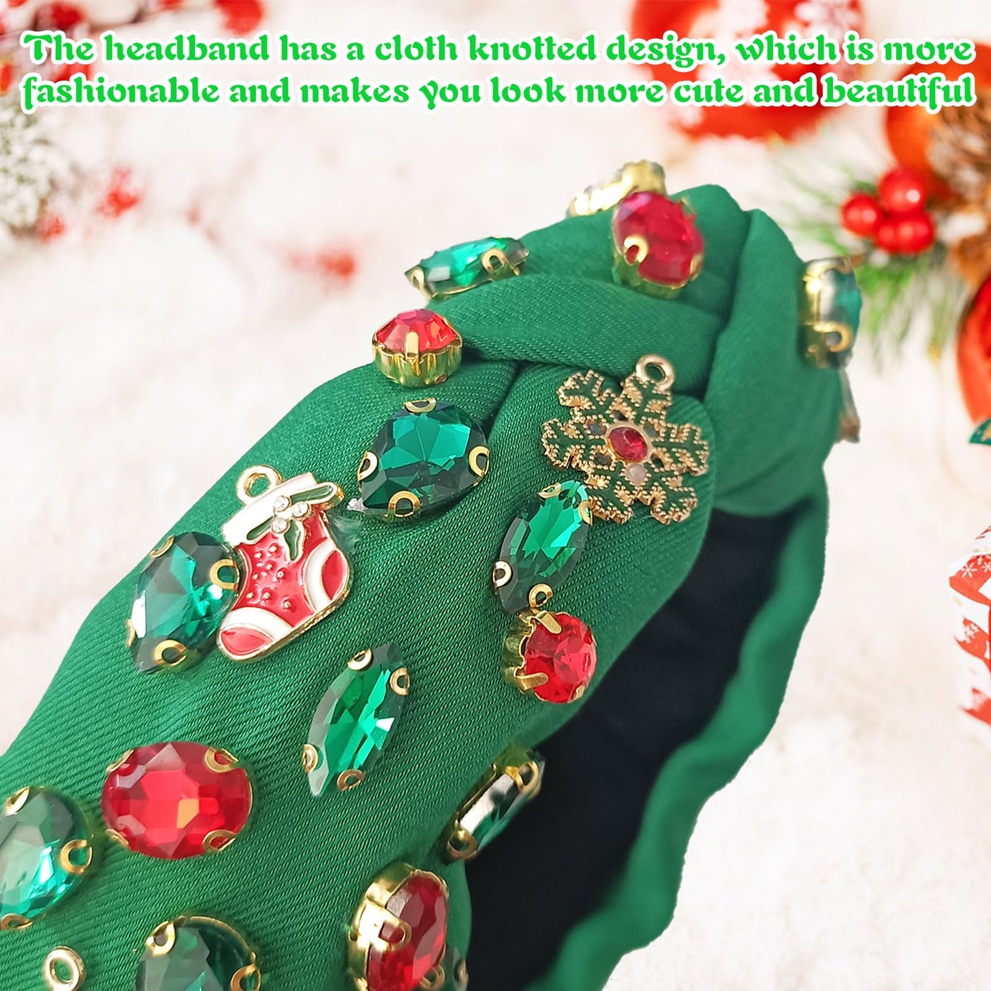 Christmas Rhinestone Headband Crystal Knotted Beaded Jeweled Headbands for Women Girls Xmas Tree Socks Top Hairband Wide Hair Band Christmas Costume Hair Accessories