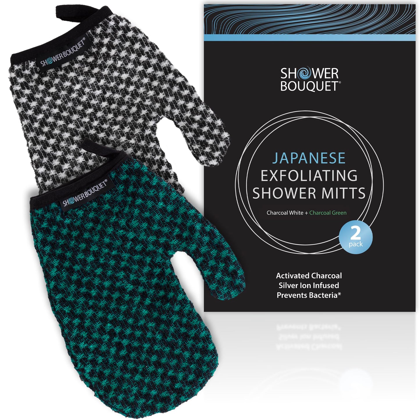 Japanese Exfoliating Mitt 2-Pack - Charcoal & Silver Ion Exfoliating Gloves for Shower - Soft Inner Fabric Gentle Exfoliation & Deep Cleansing Body Scrub Gloves for All Skin Types - 1 White, 1 Green