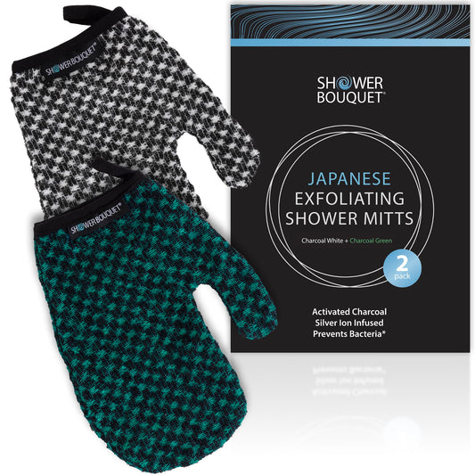 Japanese Exfoliating Mitt 2-Pack - Charcoal & Silver Ion Exfoliating Gloves for Shower - Soft Inner Fabric Gentle Exfoliation & Deep Cleansing Body Scrub Gloves for All Skin Types - 1 White, 1 Green