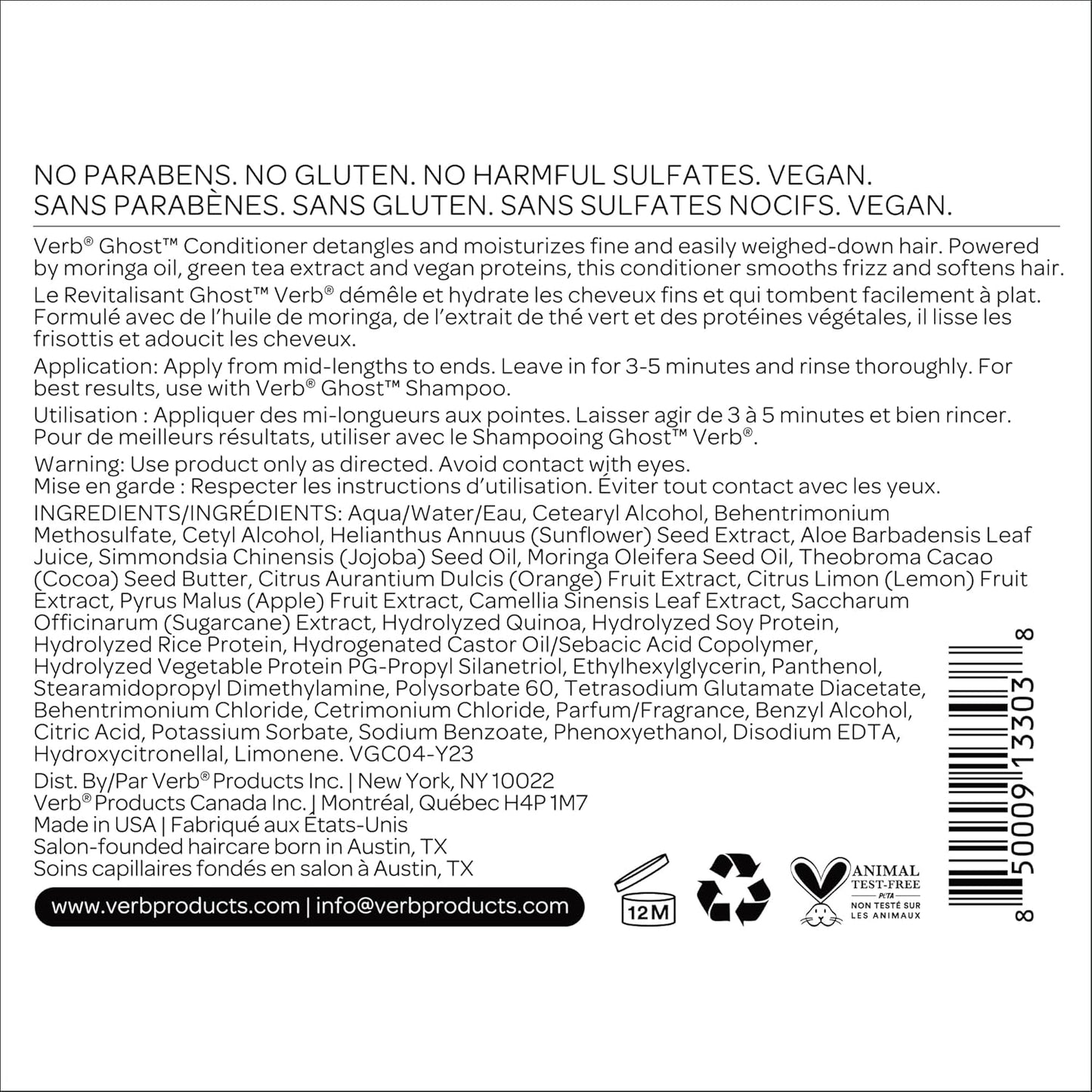 VERB Ghost Conditioner - Moringa Oil Infusion for Moisturizing Fine Hair - Vegan, Paraben-Free, Sulfate-Free