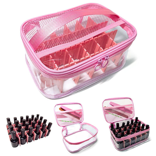 Clear Nail Polish Organizer, Nail Supplies Organizer, Holds 24 Bottles of Nail Polish PVC Nail Polish Organizer Case with Attached Nail Tool Organizer, Portable Travel Nail Technique Organizer (Pink)